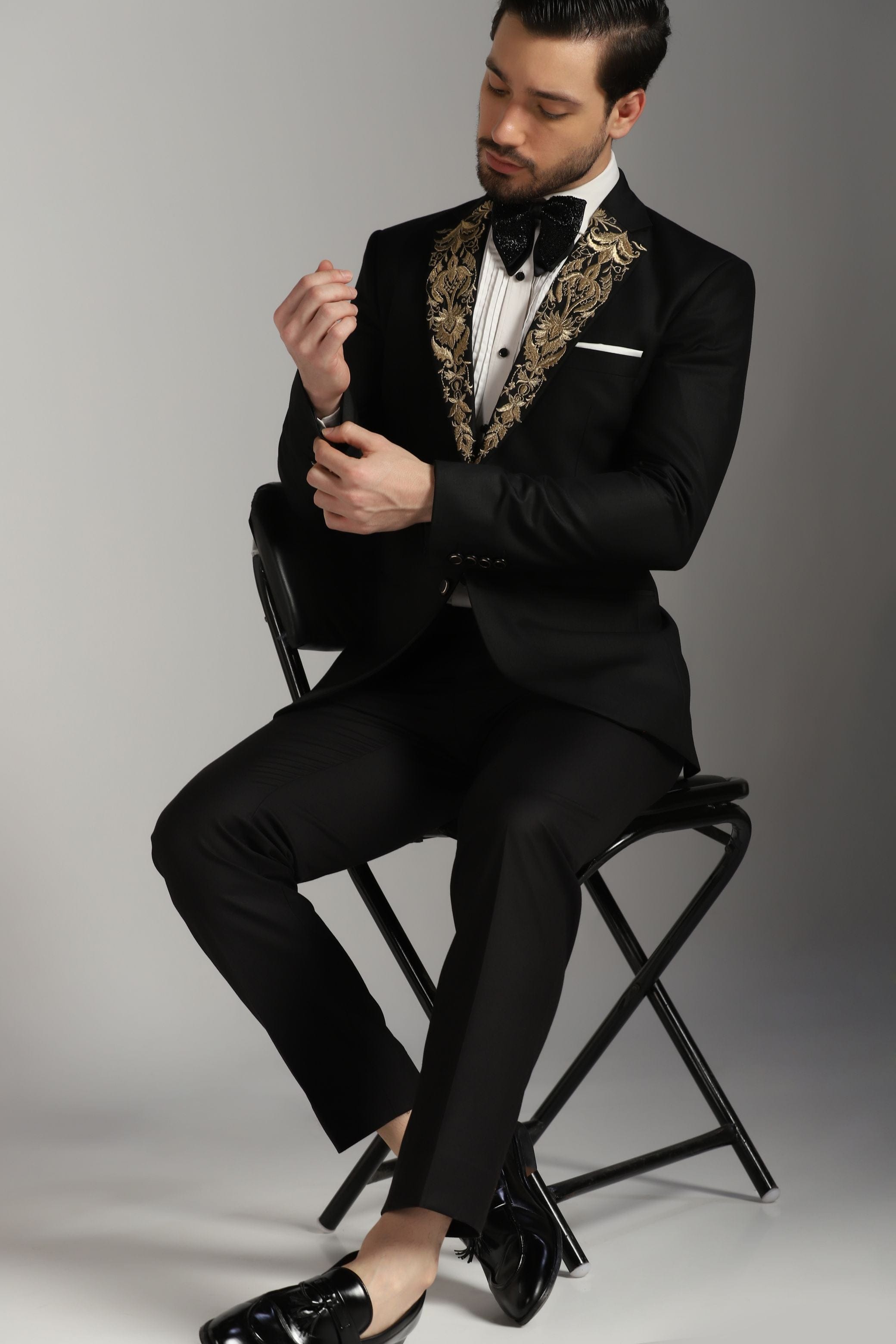 All black tux sale with gold bow tie