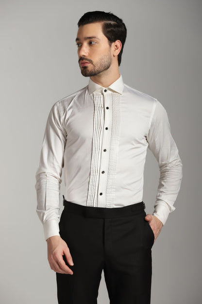 White 5x5 pintuck tuxedo shirt black tie | Bhavya Bhasin Couture