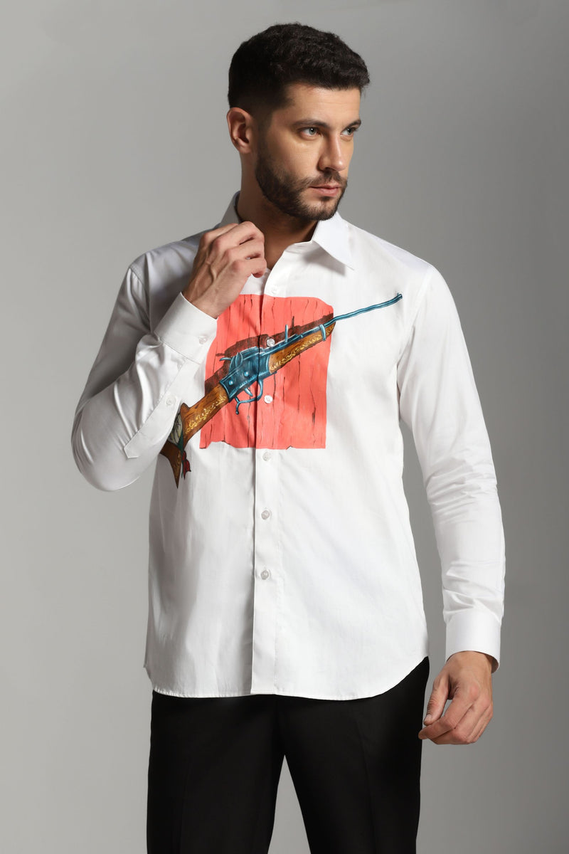 White Cotton Shirt with Gun Hand Painted