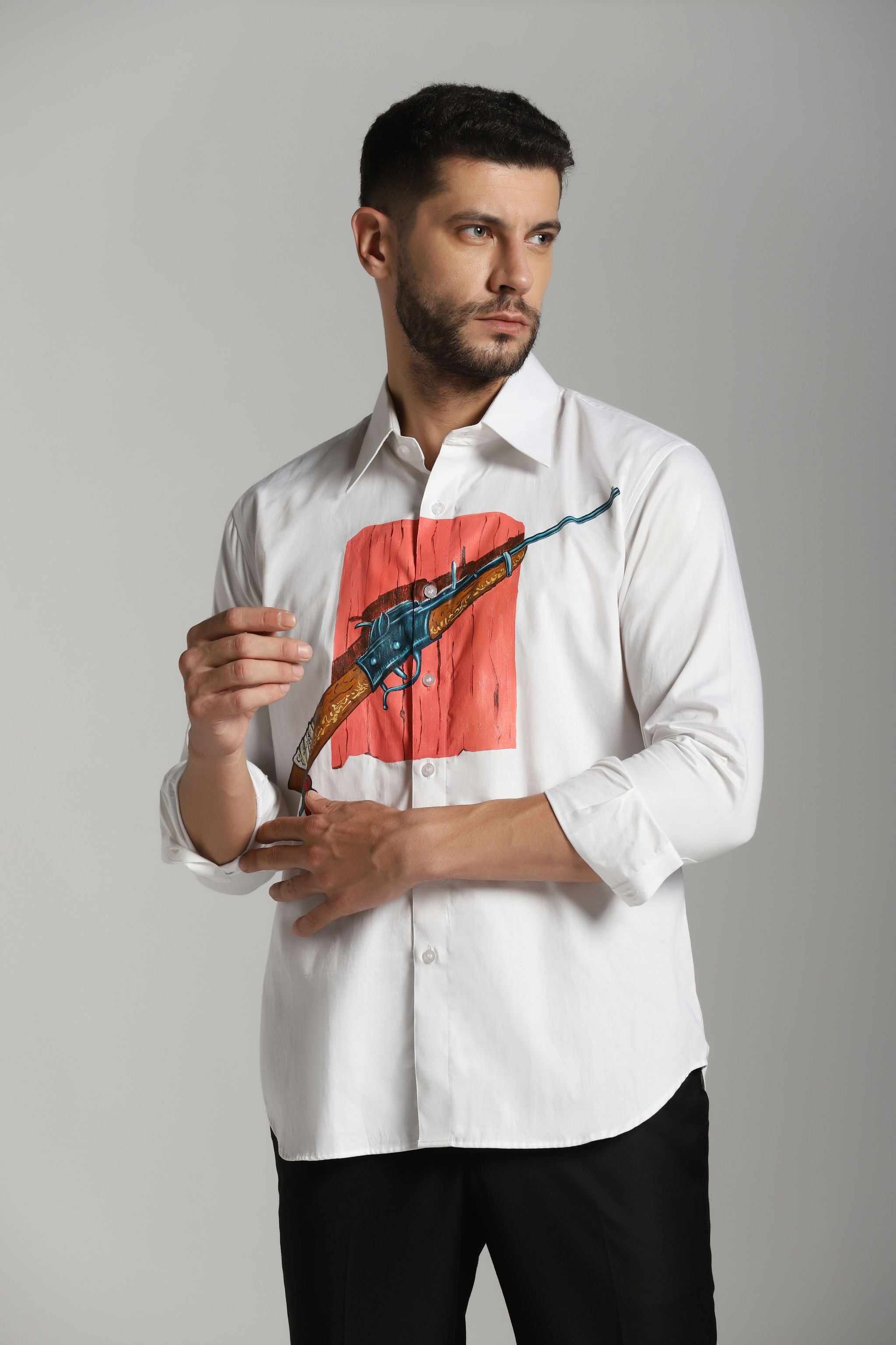 White Cotton Shirt with Gun Hand Painted