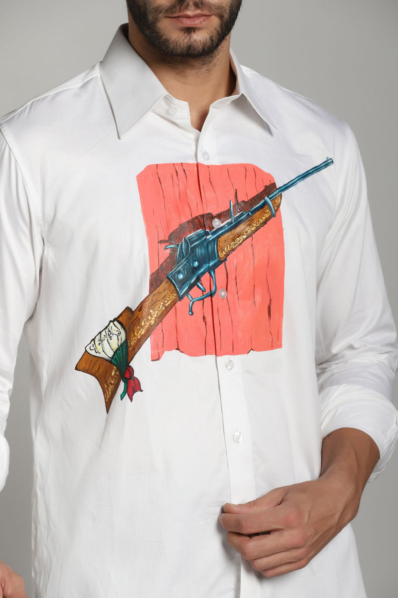 White Cotton Shirt with Gun Hand Painted