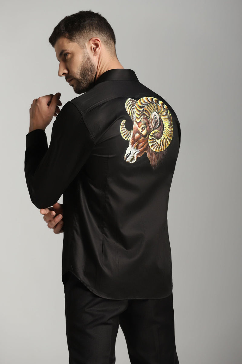 Rugged Elegance: Black Shirt with Hand-Painted Bull Design on Back