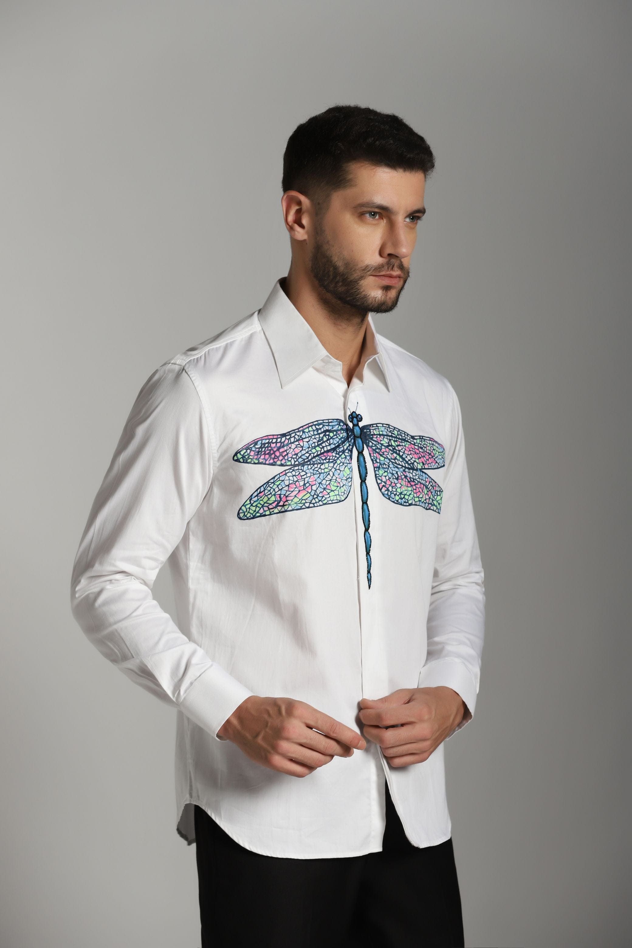 White Shirt with Dragonfly Hand Paint and Embroidery