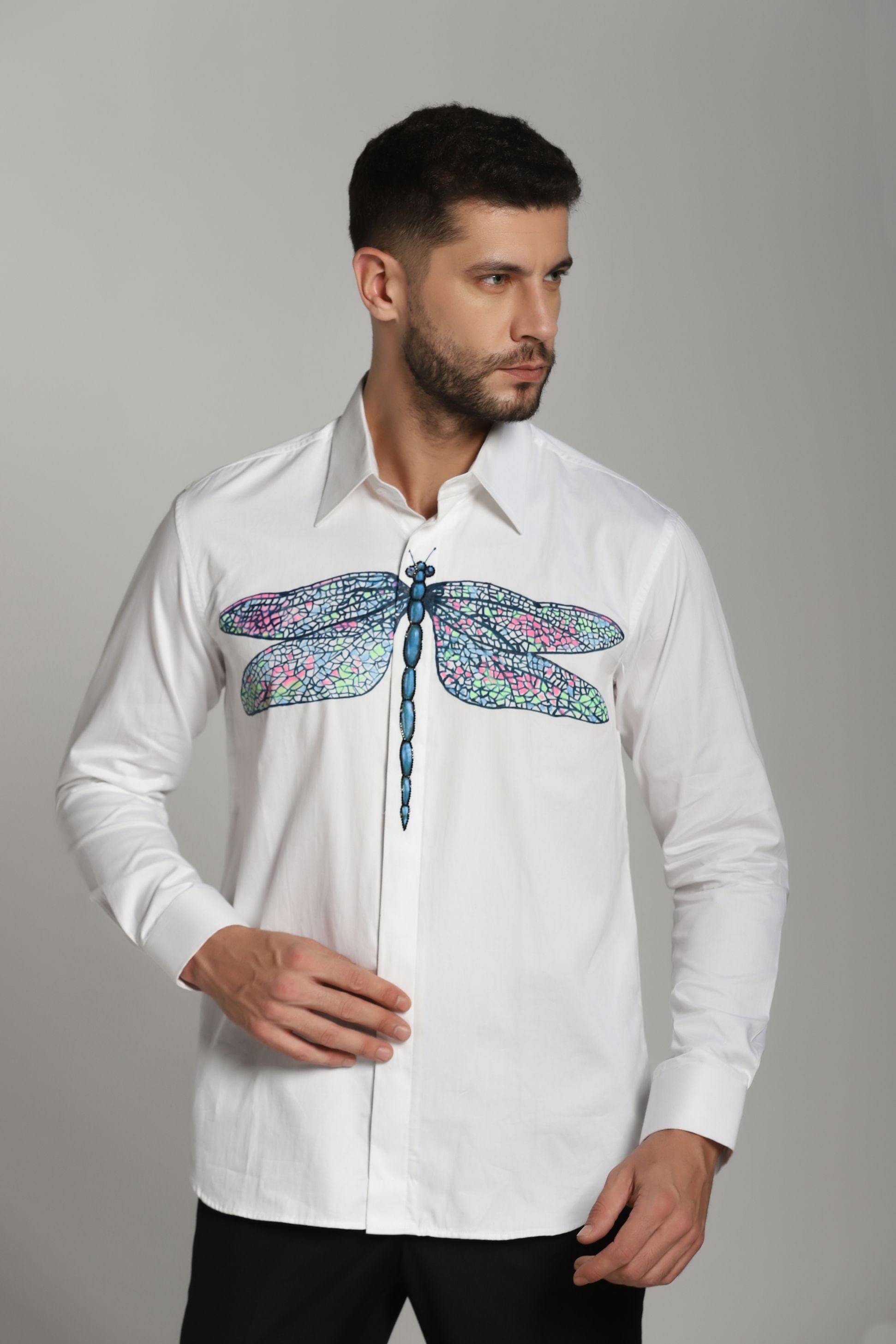 White Shirt with Dragonfly Hand Paint and Embroidery