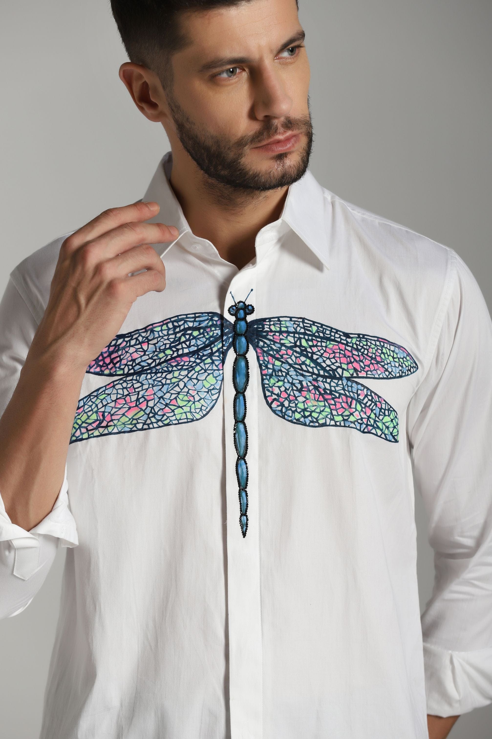 White Shirt with Dragonfly Hand Paint and Embroidery