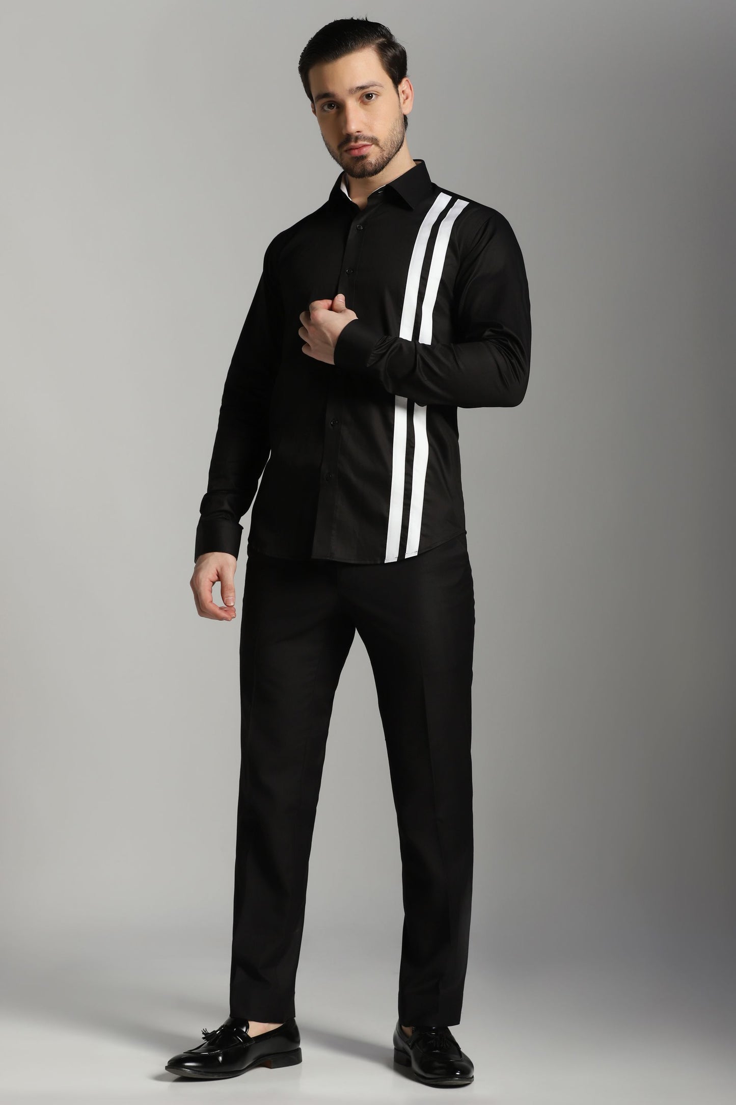 Black shirt with white stripes formal luxury | Bhavya Bhasin Couture