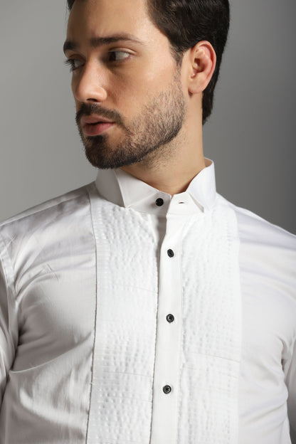 White pintuck tuxedo shirt formal luxury | Bhavya Bhasin Couture