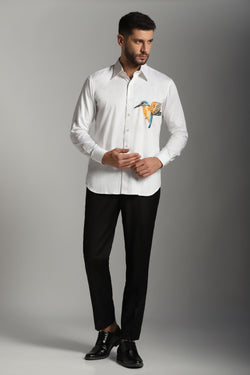 White Shirt with Bird HandPaint and Embroidery