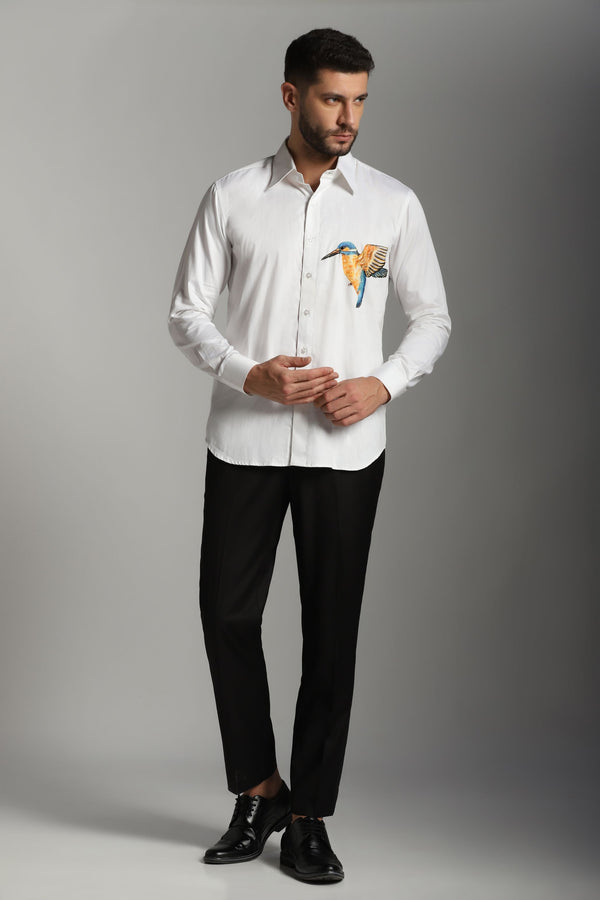 White Shirt with Bird HandPaint and Embroidery