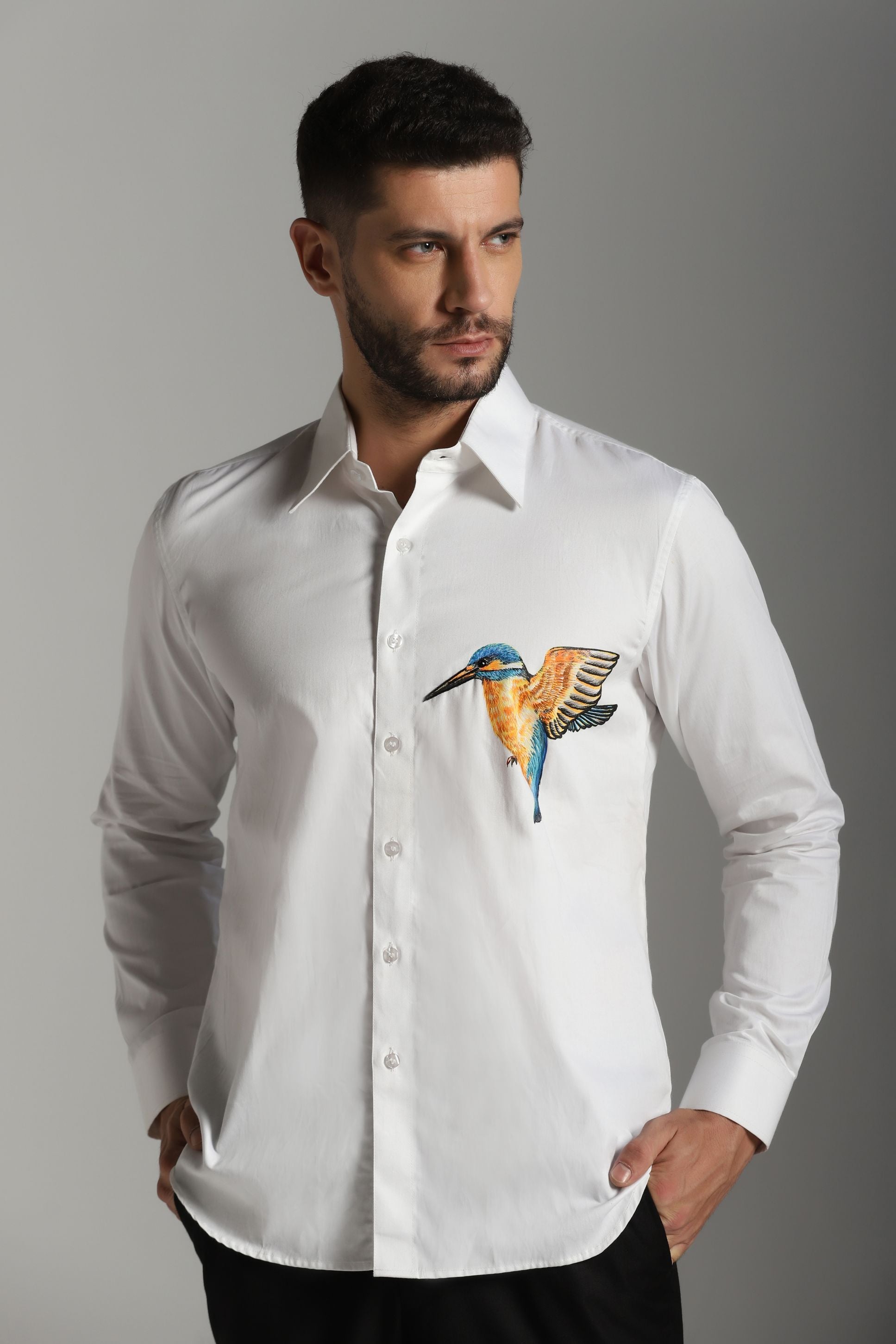 White Shirt with Bird HandPaint and Embroidery