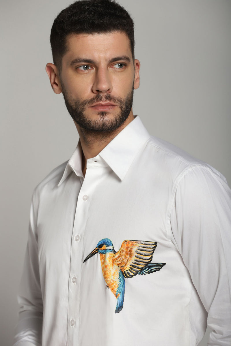 White Shirt with Bird HandPaint and Embroidery