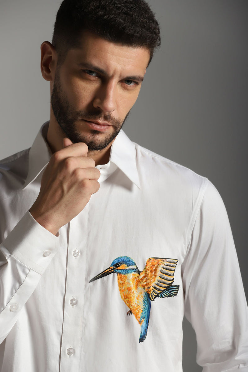 White Shirt with Bird HandPaint and Embroidery