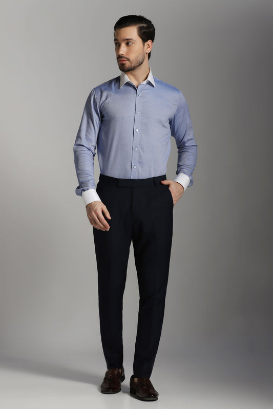 Blue textured shirt with white collar luxury menswear | Bhavya Bhasin Couture