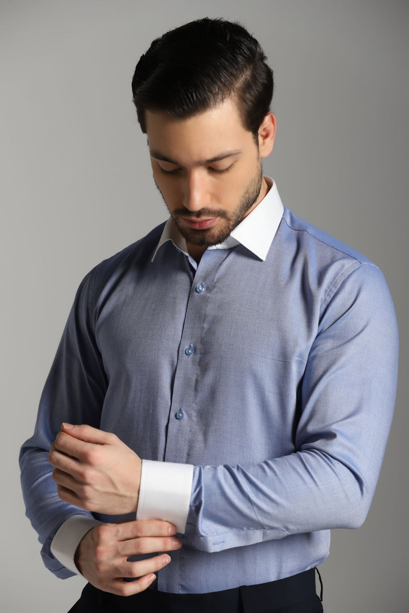 Ocean Elegance: Blue Textured Shirt with Crisp White Collar