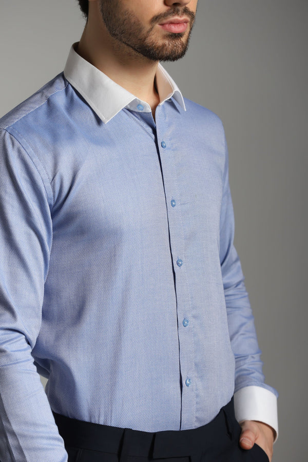 Ocean Elegance: Blue Textured Shirt with Crisp White Collar