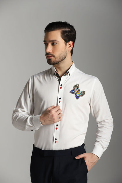 White casual shirt with butterfly embroidery | Bhavya Bhasin Couture