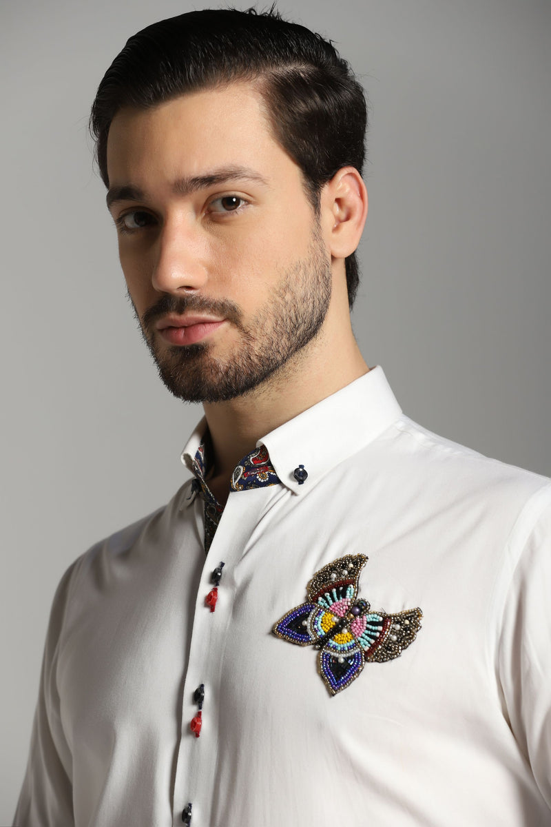 White Casual Shirt with Butterfly Embroidery