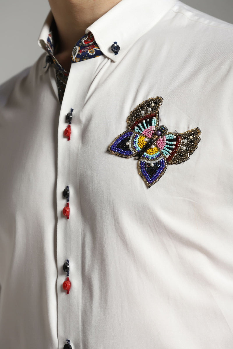 White Casual Shirt with Butterfly Embroidery