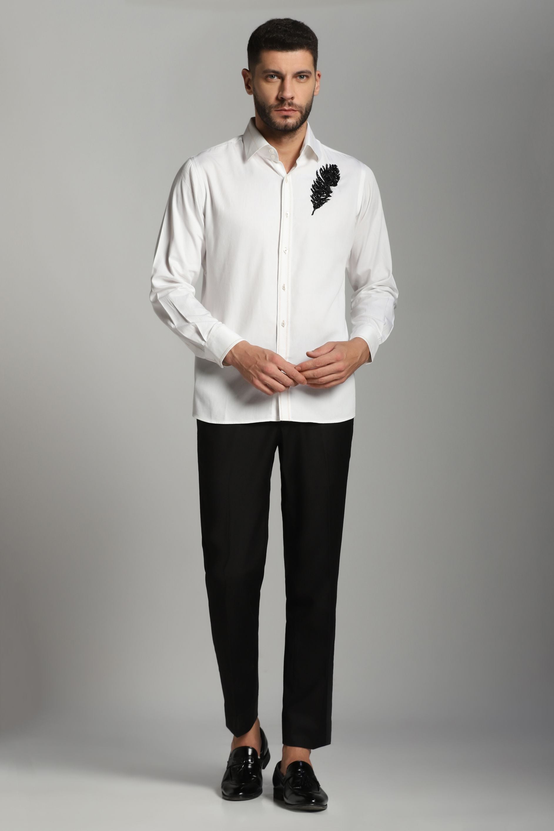 White casual shirt with embroidery patch | Bhavya Bhasin Couture