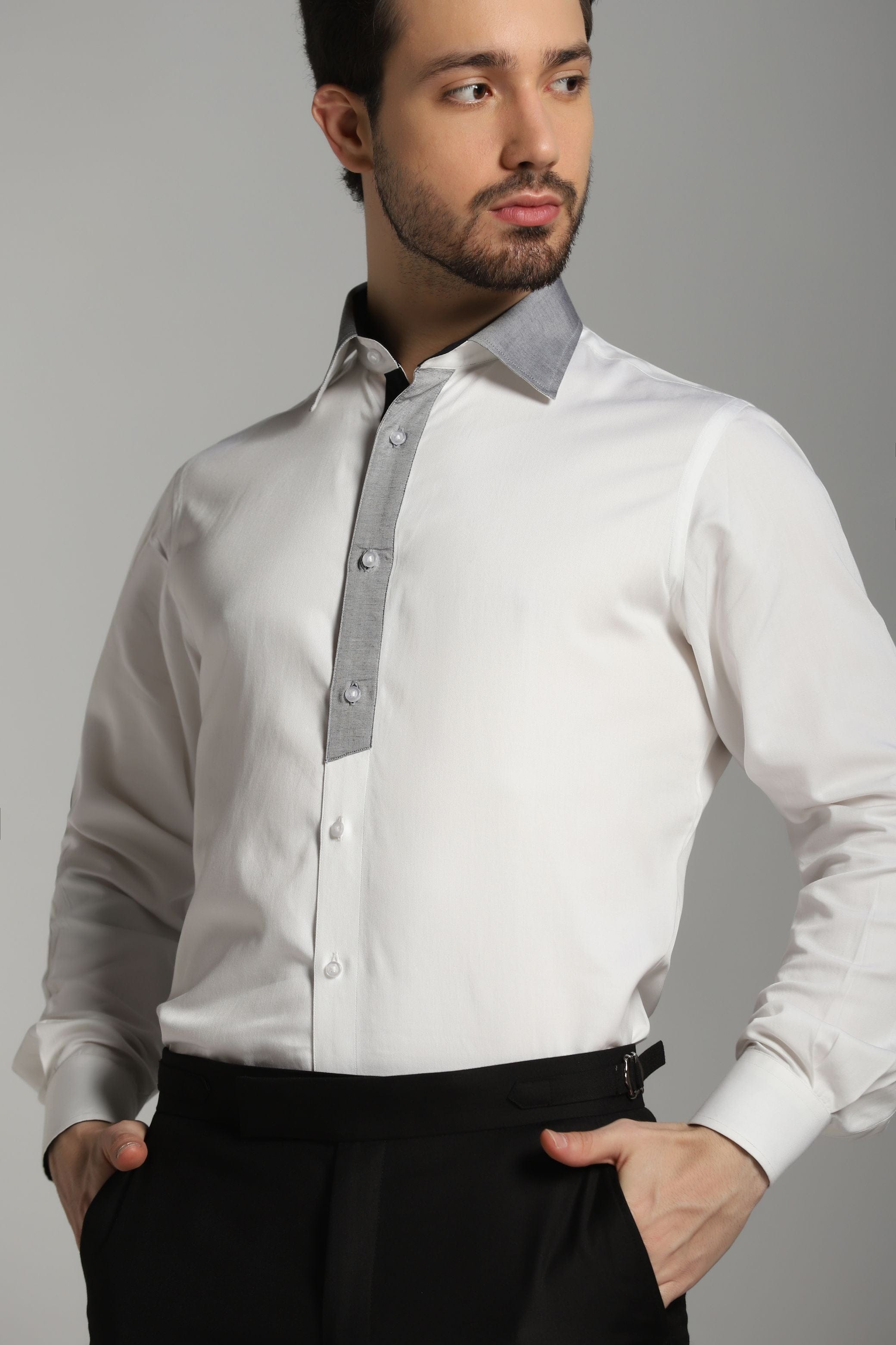 WHITE CASUAL SHIRT WITH DETAILING ON PLACKET