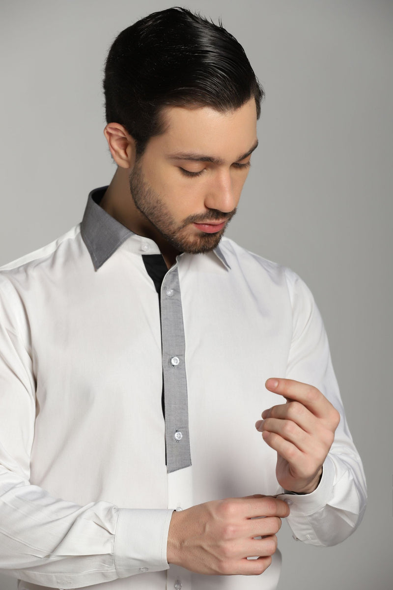 WHITE CASUAL SHIRT WITH DETAILING ON PLACKET