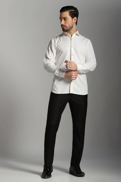 White shirt with beige piping and button hole details | Bhavya Bhasin Couture