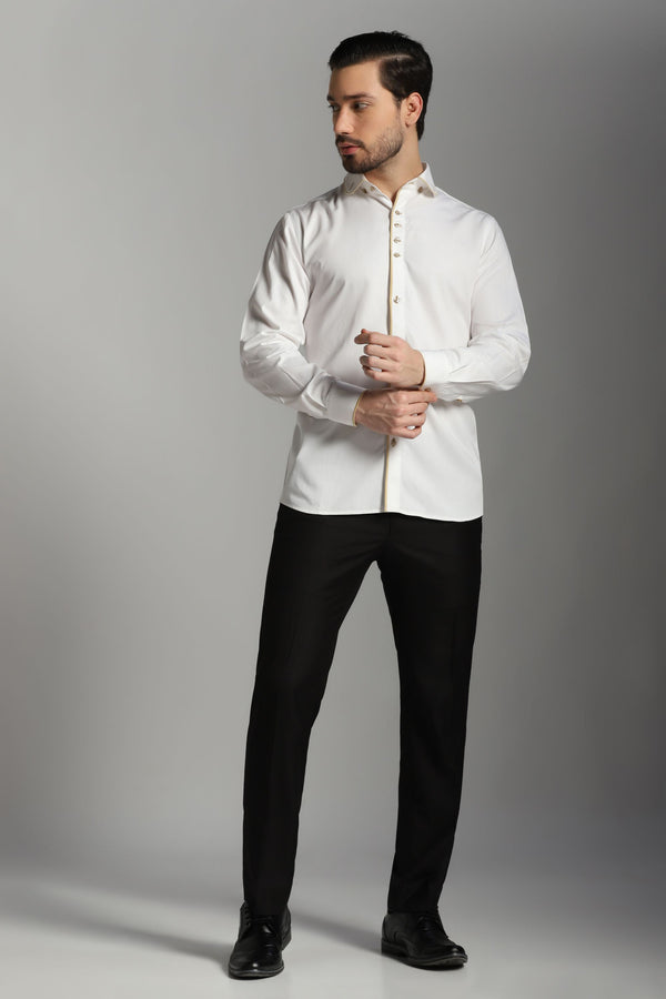 White Shirt with Beige Piping and button holes