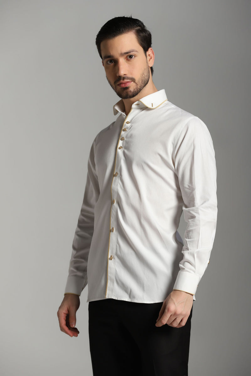 White Shirt with Beige Piping and button holes