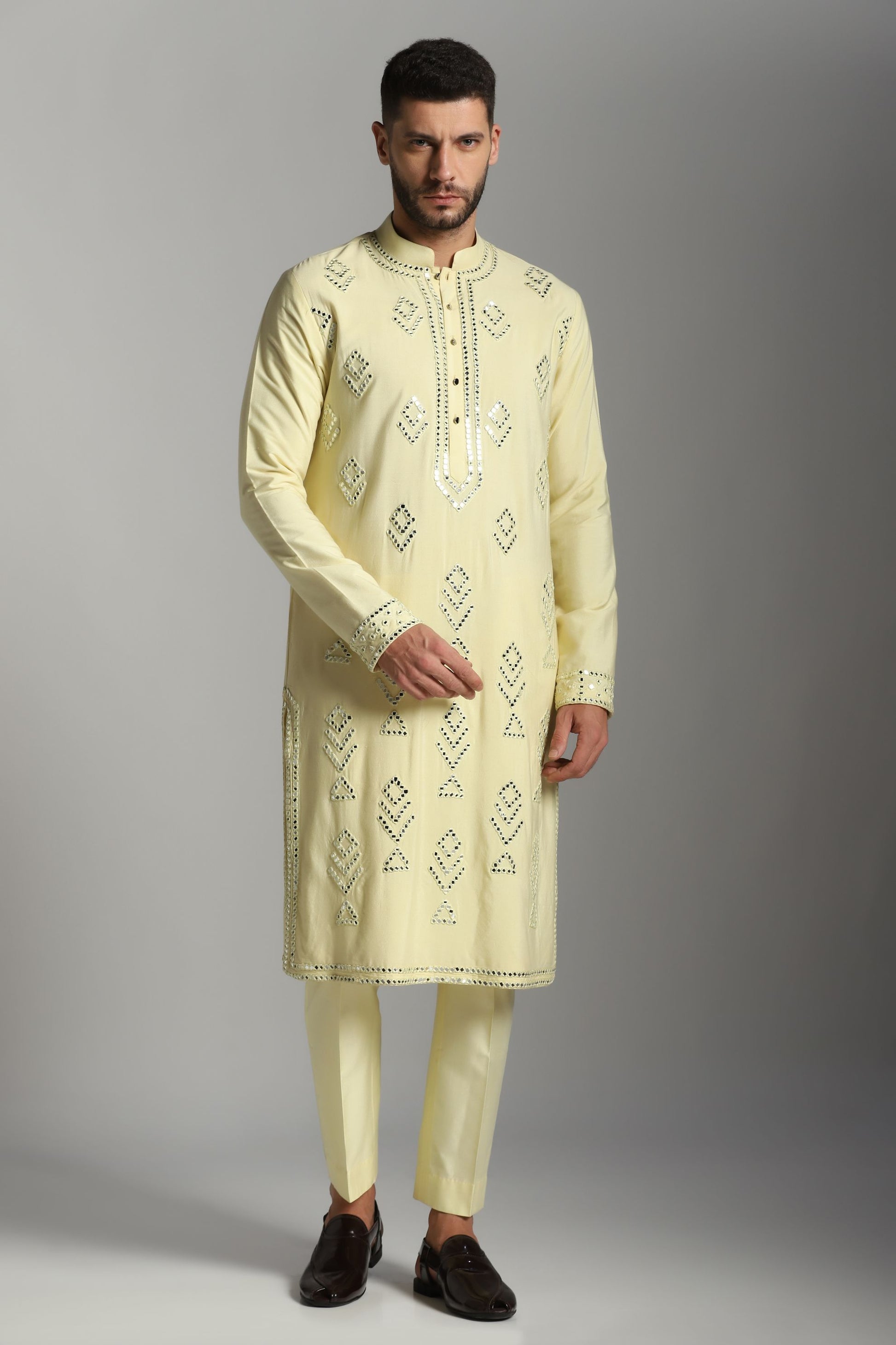 Lime mirror work kurta trouser set Indian festive | Bhavya Bhasin Couture