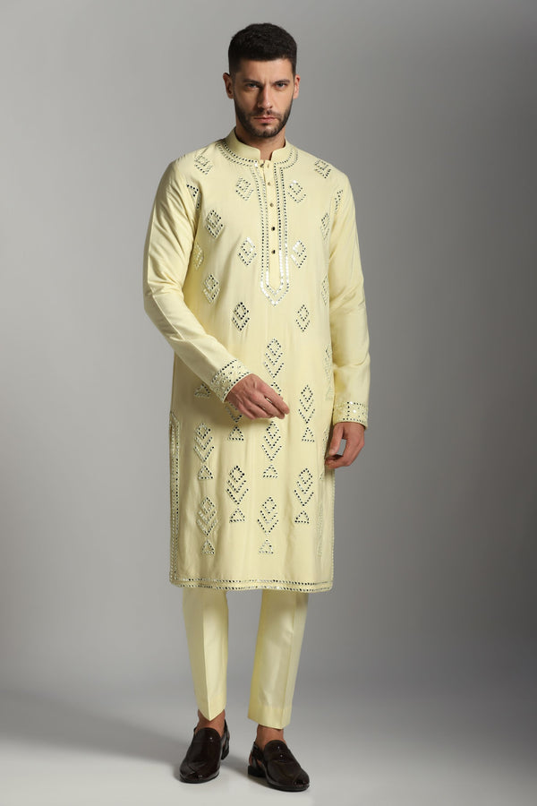 Lime Radiance: Kurta Trouser Set with Mirror Work Embroidery