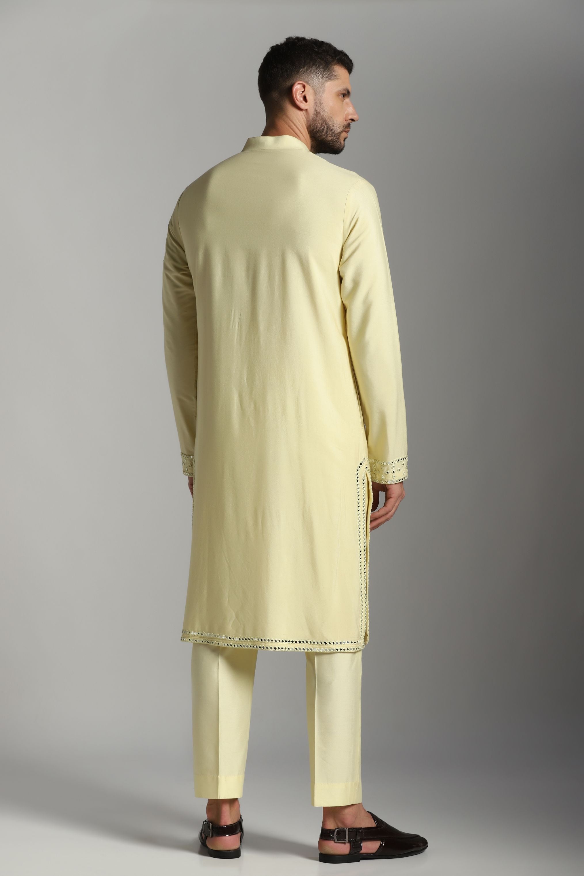 Lime Radiance: Kurta Trouser Set with Mirror Work Embroidery