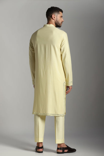 Lime Radiance: Kurta Trouser Set with Mirror Work Embroidery
