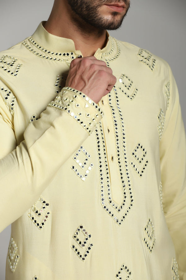 Lime Radiance: Kurta Trouser Set with Mirror Work Embroidery