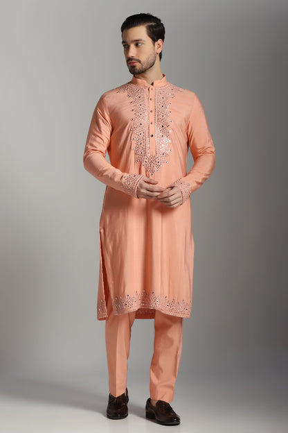 Pink mirror work embroidered kurta with trouser | Bhavya Bhasin Couture