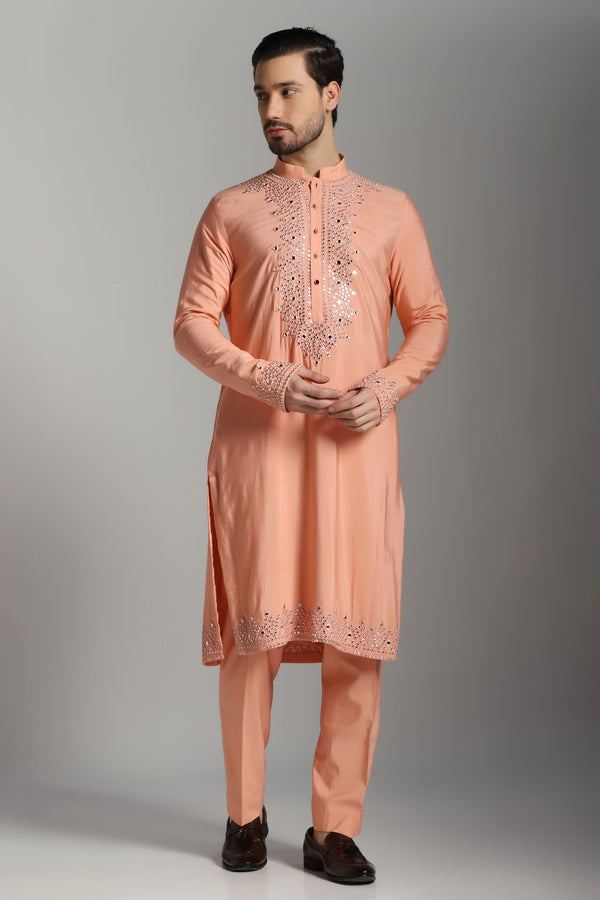 Roseate Reflections: Pink Kurta with Mirror Work Embroidery, Paired with Trouser