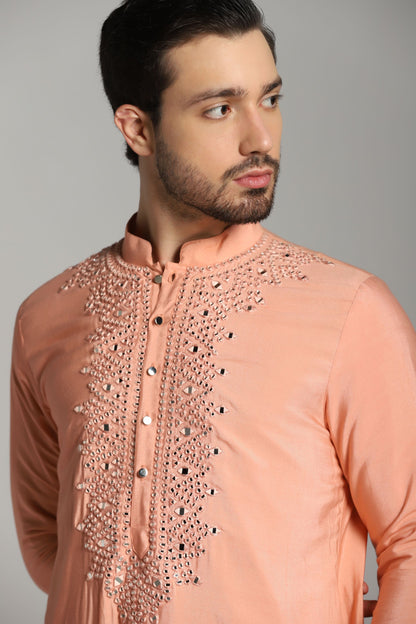 Roseate Reflections: Pink Kurta with Mirror Work Embroidery, Paired with Trouser