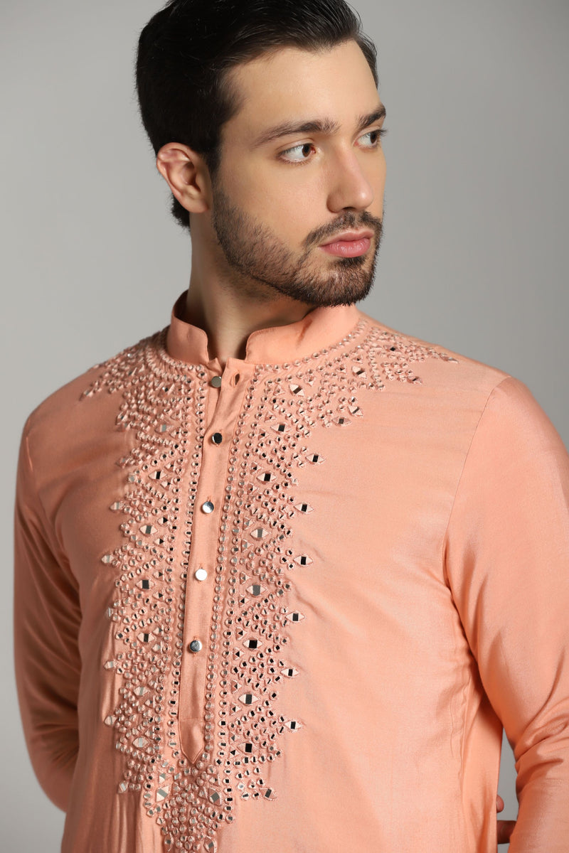 Roseate Reflections: Pink Kurta with Mirror Work Embroidery, Paired with Trouser