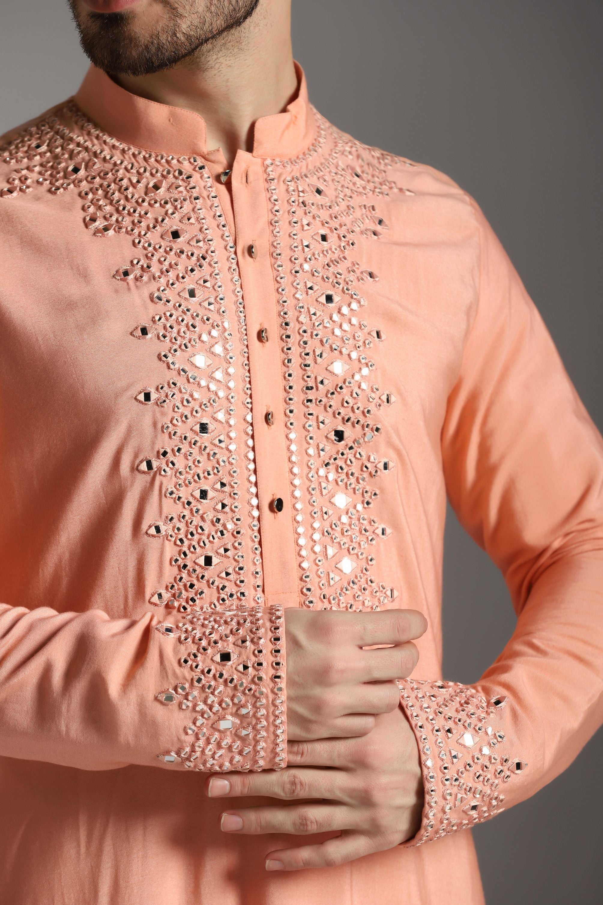 Roseate Reflections: Pink Kurta with Mirror Work Embroidery, Paired with Trouser