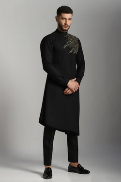 Ebony Elegance: Black Drape Kurta with Cut Daana and Beads Embroidery