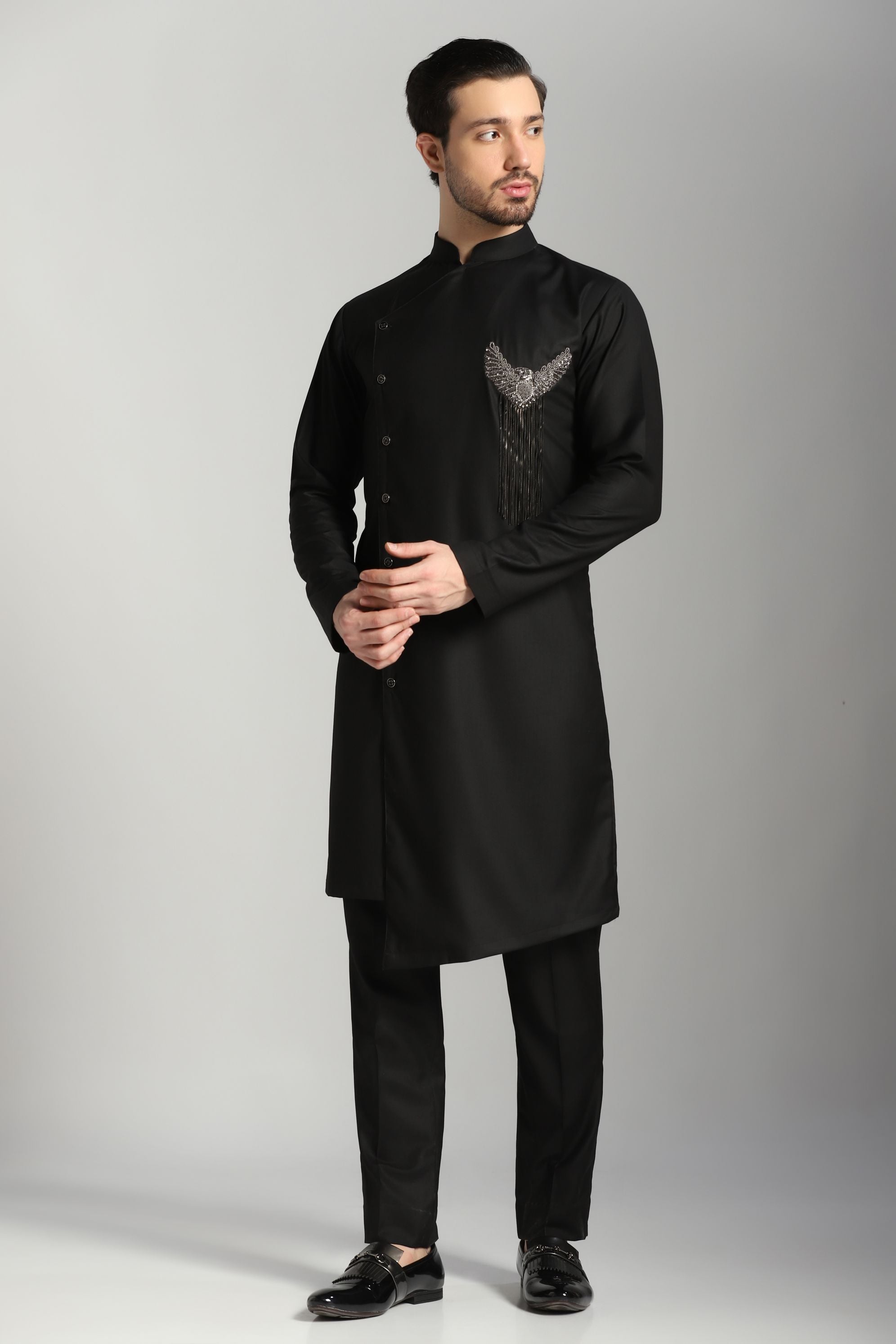 Onyx Grace: Black Angrakha Kurta with Elegant Embroidery