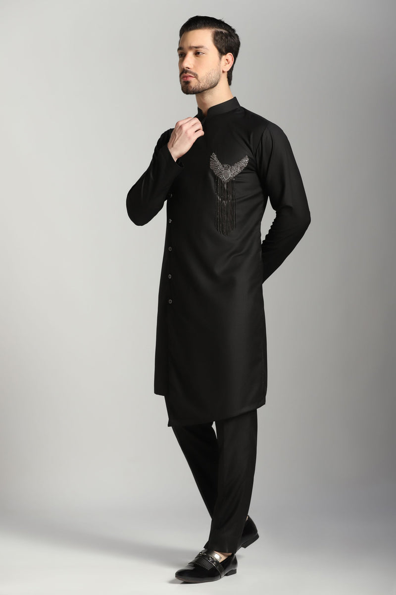 Onyx Grace: Black Angrakha Kurta with Elegant Embroidery