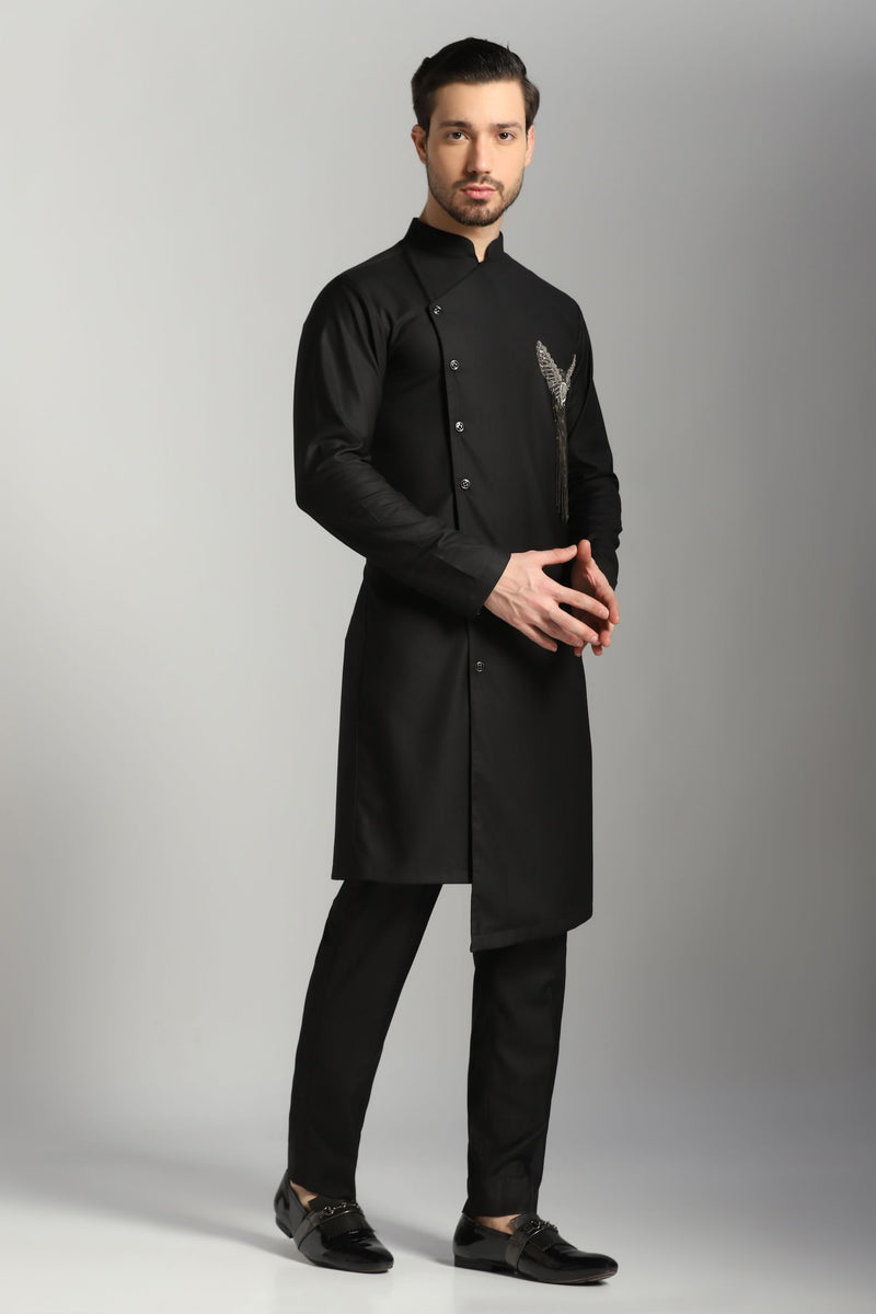 Onyx Grace: Black Angrakha Kurta with Elegant Embroidery