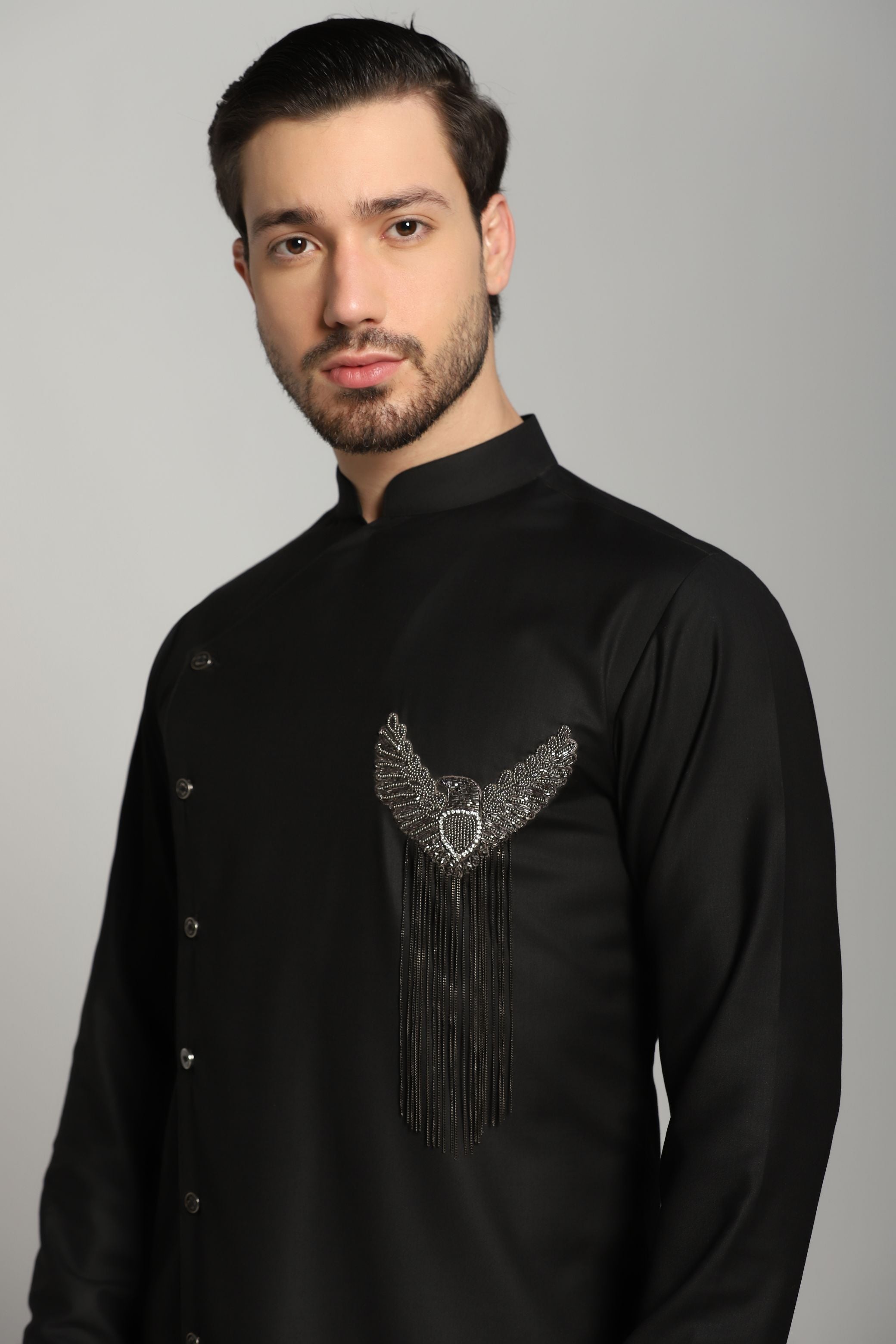 Onyx Grace: Black Angrakha Kurta with Elegant Embroidery