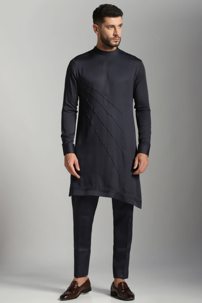 Contemporary Blue Hue: Diagonal Pintucks Kurta paired with Coordinating Trouser