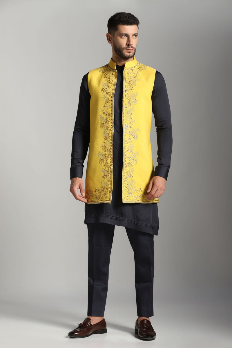 Regal Affair: Long Nehru Jacket Set with Asymmetric Kurta and Trouser