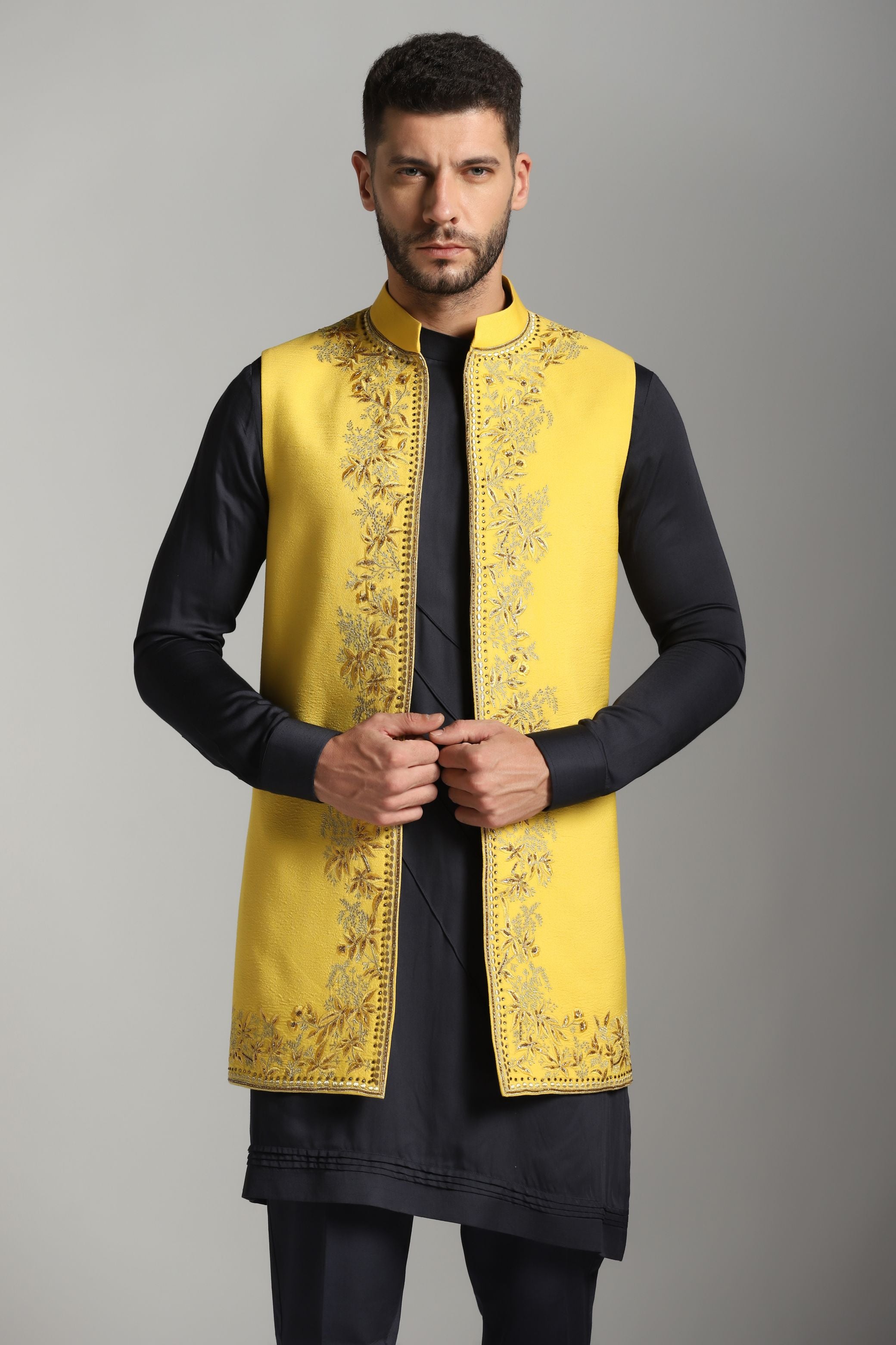 Regal Affair: Long Nehru Jacket Set with Asymmetric Kurta and Trouser