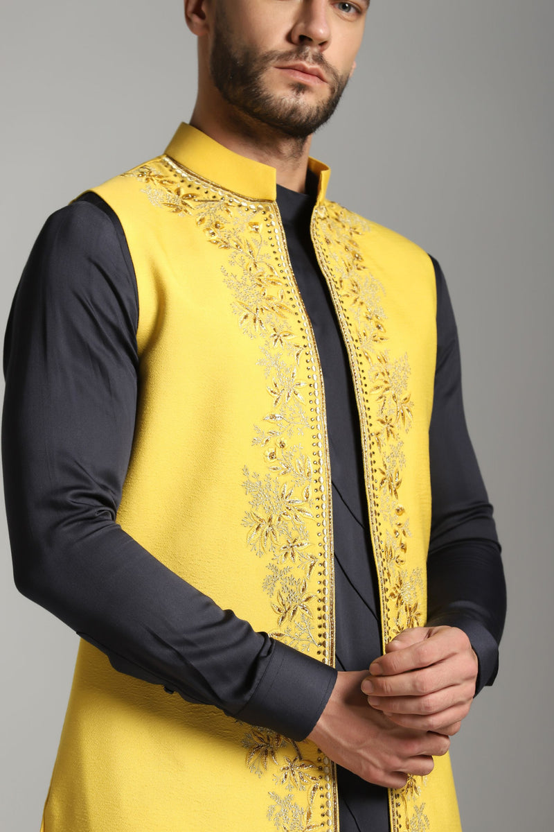 Regal Affair: Long Nehru Jacket Set with Asymmetric Kurta and Trouser