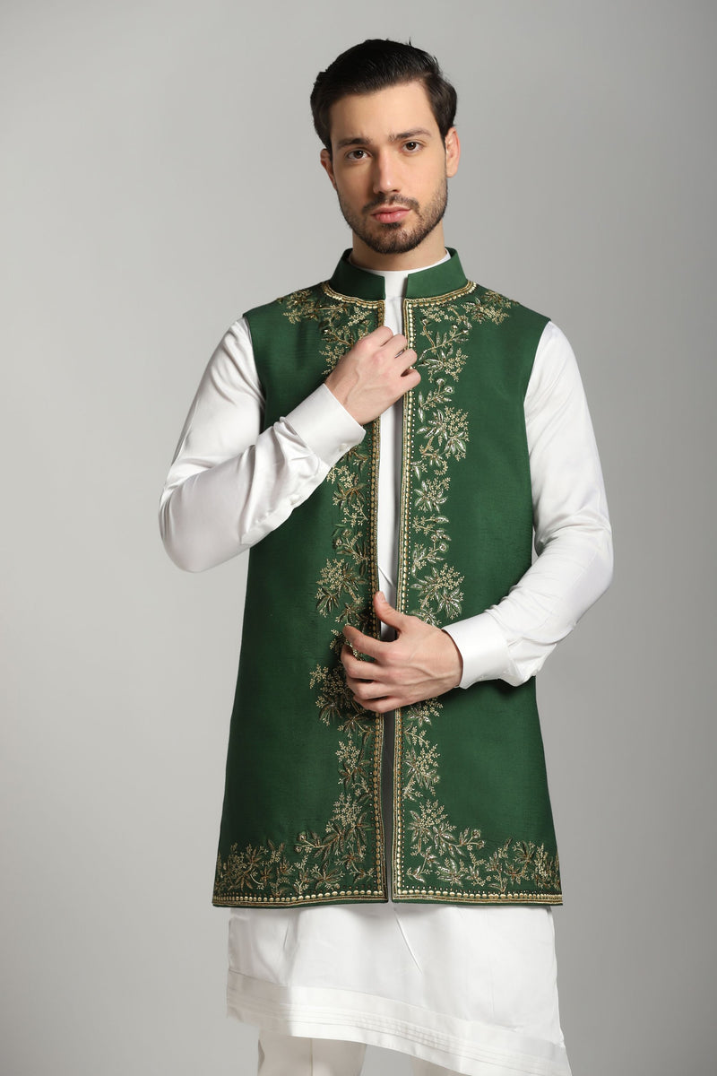 Emerald Elegance: Green Long Nehru Jacket Set with Ivory Asymmetrical Kurta and Trouser