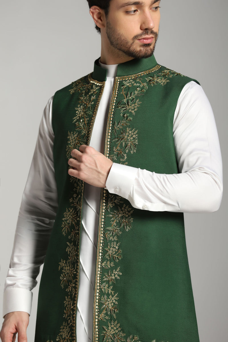 Emerald Elegance: Green Long Nehru Jacket Set with Ivory Asymmetrical Kurta and Trouser