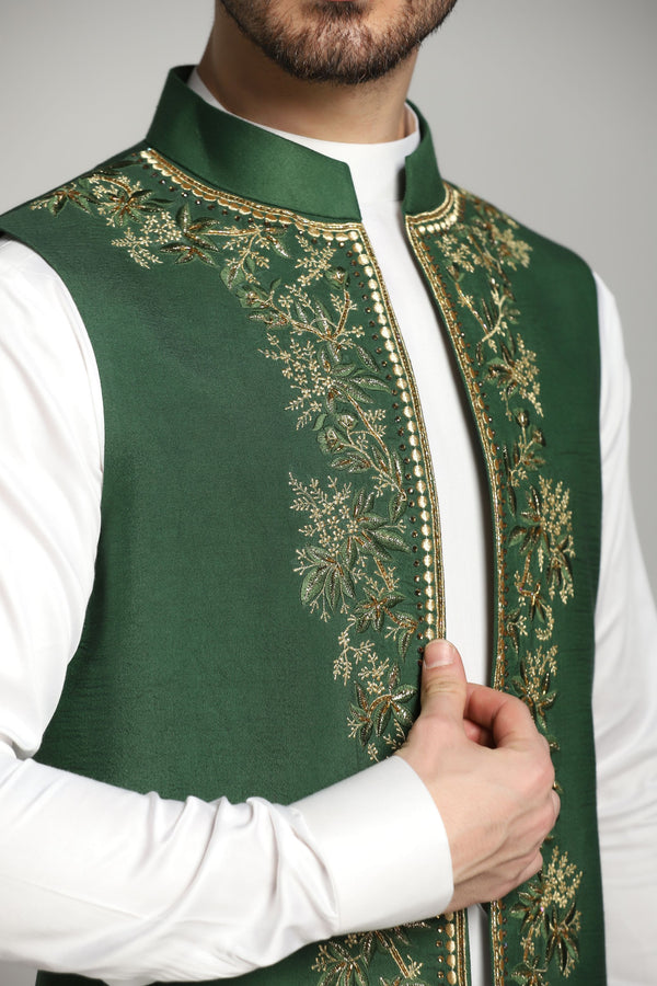 Emerald Elegance: Green Long Nehru Jacket Set with Ivory Asymmetrical Kurta and Trouser
